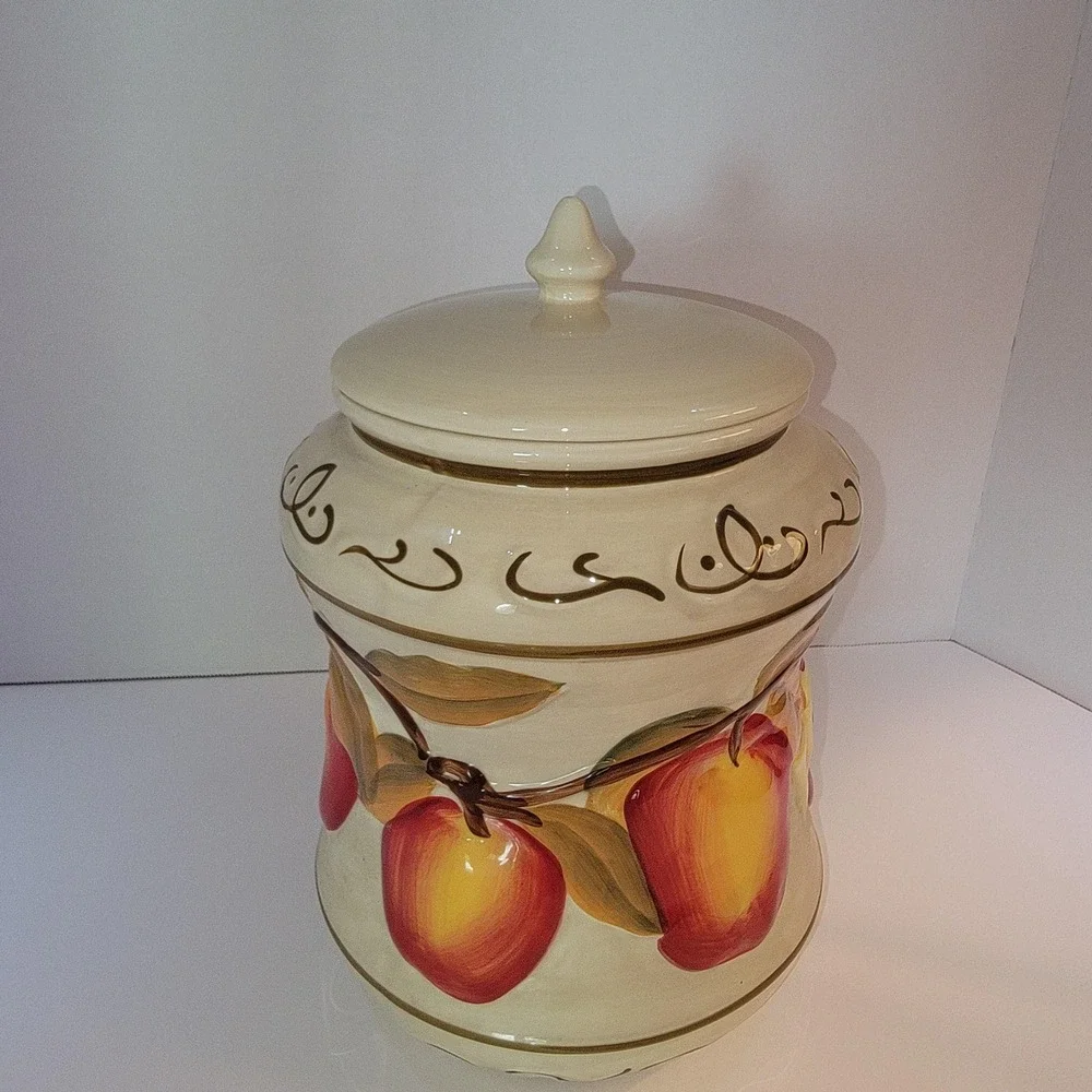 Nonni's Hand Painted Biscotti Cookie Jar Large Apple Design Ceramic Lidded 12